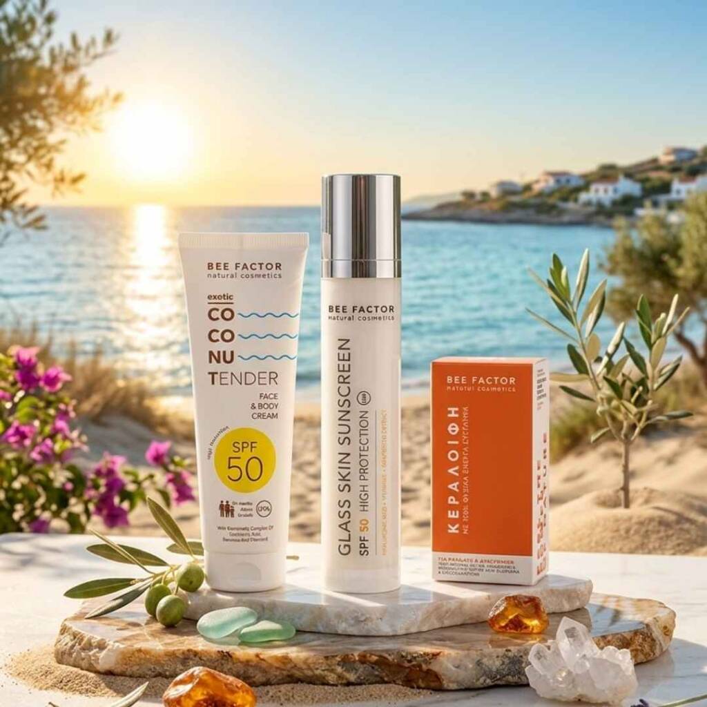 Слънцезащита за лице: Всичко, което трябва да знаете преди първите слънчеви лъчи Селекция от продукти Bee Factor, включваща слънцезащита за лице SPF 50, на морския бряг.