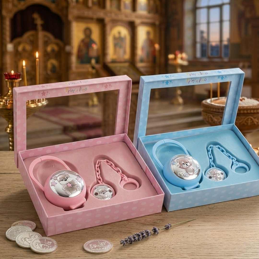 Магията на подаръчните комплекти за кръщене: как да направим празника незабравим: Сребърни залъгалки и верижки, част от комплекти за кръщене.