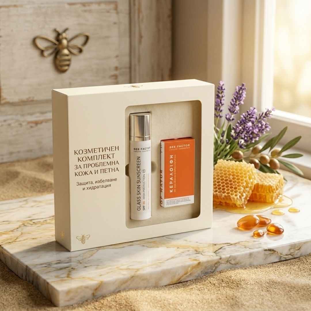 Слънцезащита за лице: Всичко, което трябва да знаете преди първите слънчеви лъчи Козметичен комплект с натурални продукти и слънцезащита за лице върху мраморен плот.