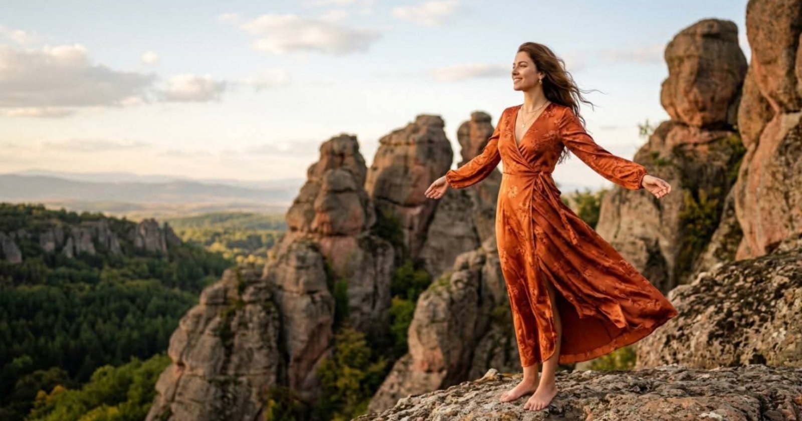 Свободна жена в червена рокля на скала сред природата – Лайфстайл на HappyWoman.bg