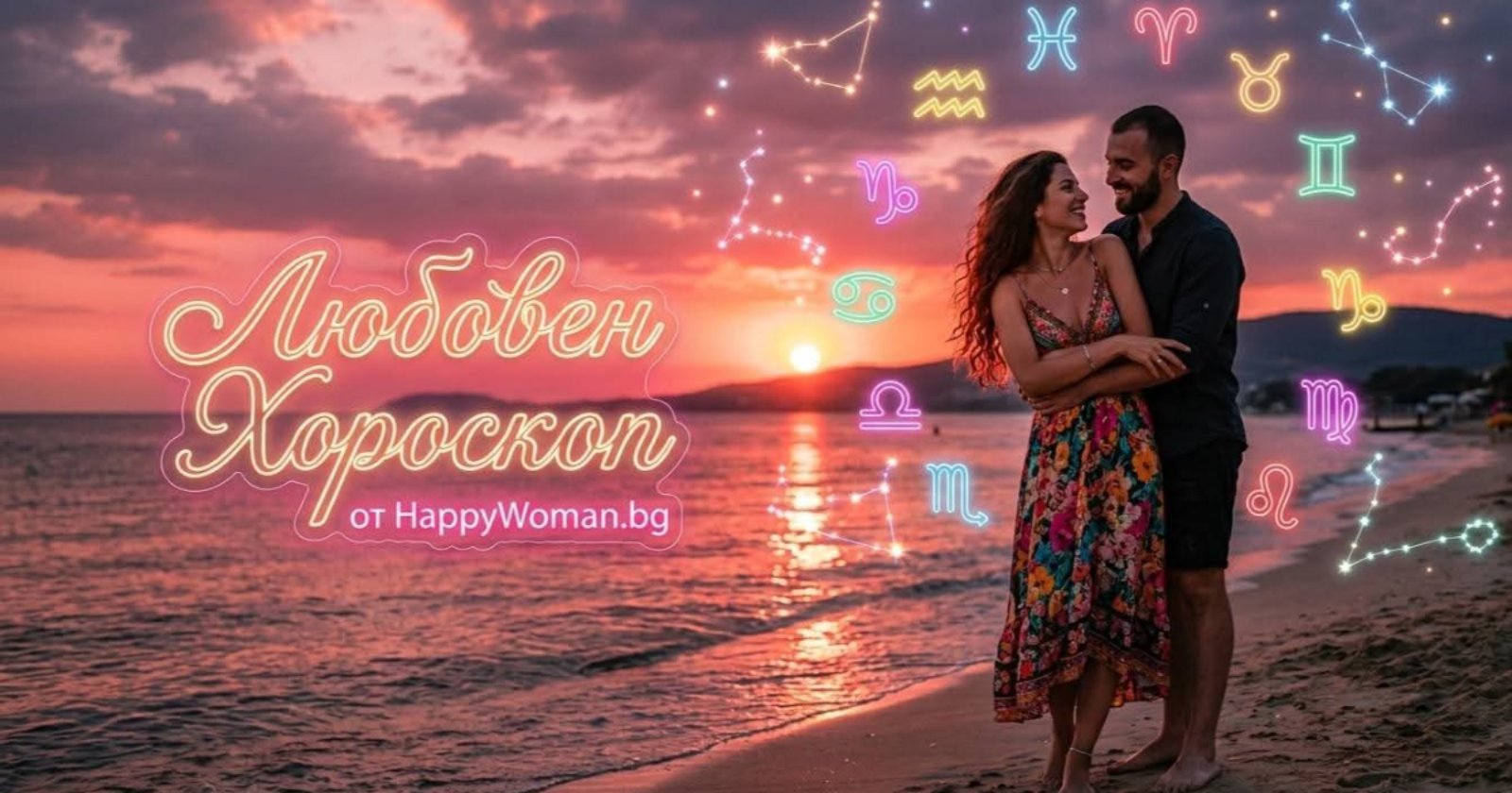 Любовен хороскоп от HappyWoman.bg – влюбена двойка на плажа при залез с неонови зодии