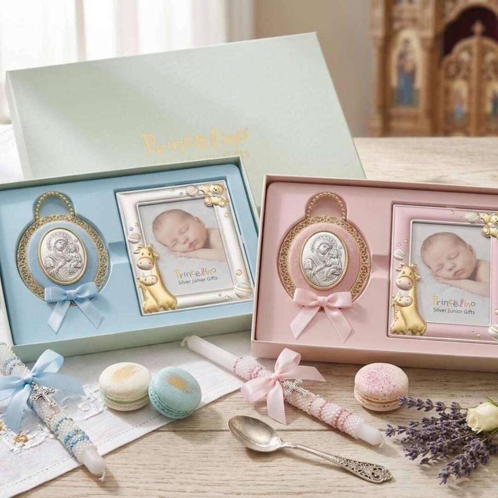 Магията на подаръчните комплекти за кръщене: как да направим празника незабравим: Сребърни рамки и икони в сини и розови комплекти за кръщене.