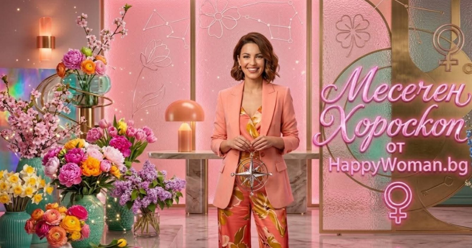 Месечен хороскоп от HappyWoman.bg – елегантна жена в розов костюм с астролабия