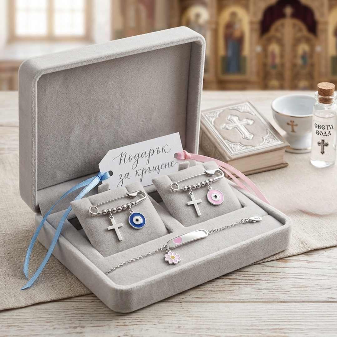 Магията на подаръчните комплекти за кръщене: как да направим празника незабравим: Сребърни безопасни игли с око в комплекти за кръщене