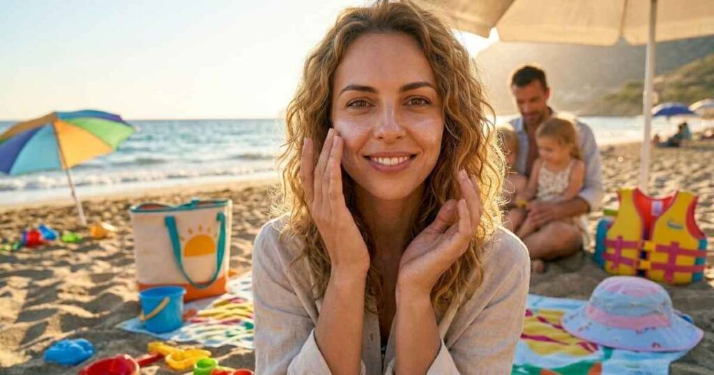 Слънцезащита за лице: Всичко, което трябва да знаете преди първите слънчеви лъчи Близък план на жена, която е нанесла слънцезащита за лице за пълна сигурност.