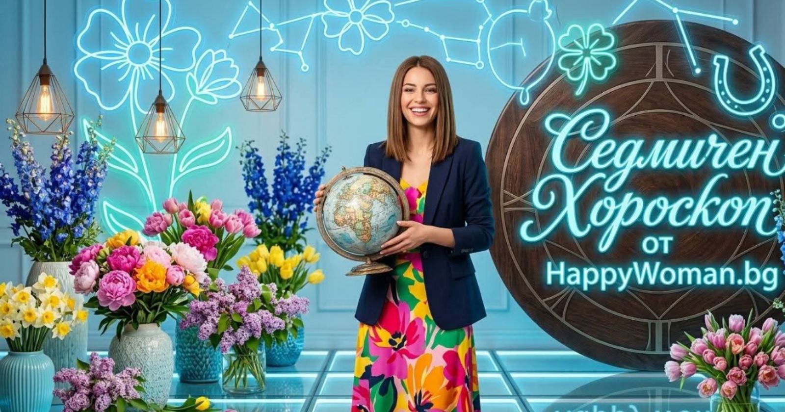Седмичен хороскоп от HappyWoman.bg – водеща с глобус и пролетни цветя
