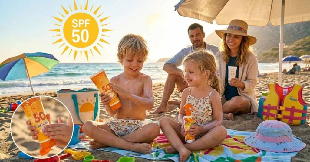 Слънцезащита за лице: Всичко, което трябва да знаете преди първите слънчеви лъчи Родители на плажа нанасят детска слънцезащита за лице и тяло върху своите деца.