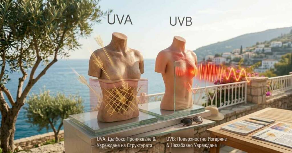 Слънцезащита за лице: Всичко, което трябва да знаете преди първите слънчеви лъчи Сравнителна графика за действието на лъчите върху кожата без слънцезащита за лице.