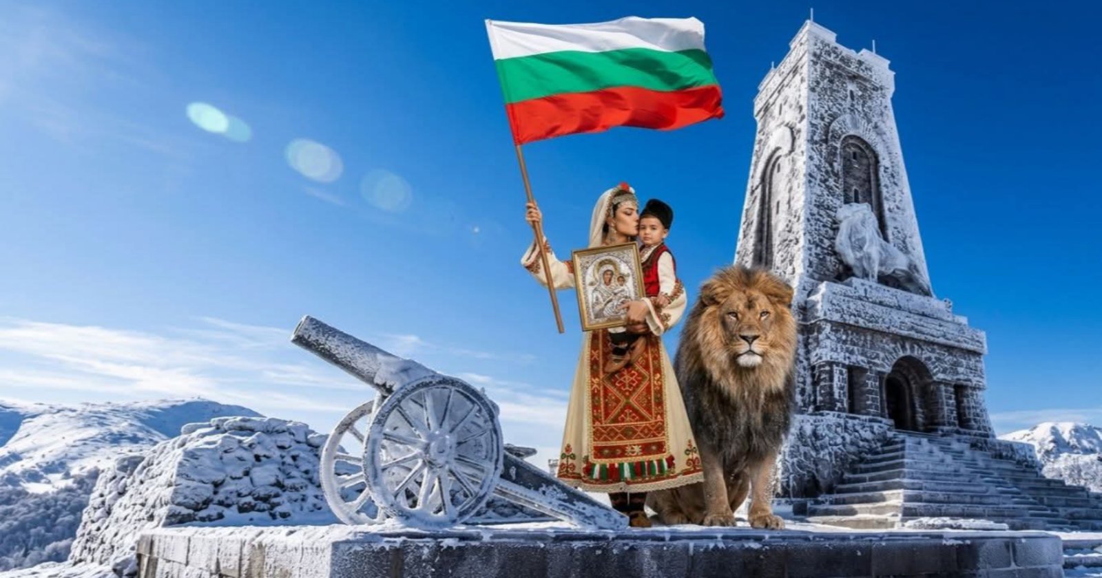 Жена в народна носия с българско знаме и лъв до паметника на Шипка – Величествена България на HappyWoman.bg