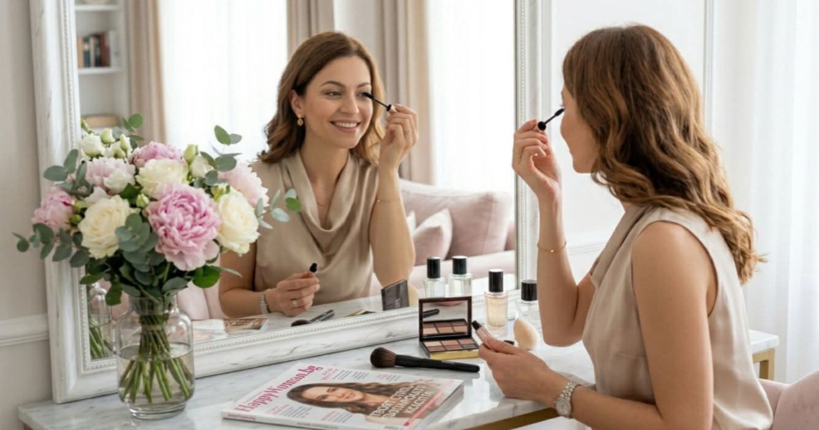 Жена нанася грим пред огледало с козметика и цветя – Здраве и красота на HappyWoman.bg