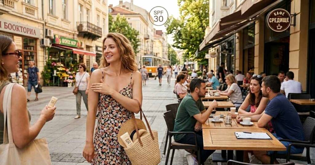 Слънцезащита за лице: Всичко, което трябва да знаете преди първите слънчеви лъчи Жена в лятна рокля се разхожда в града, използвайки слънцезащита за лице под формата на крем.