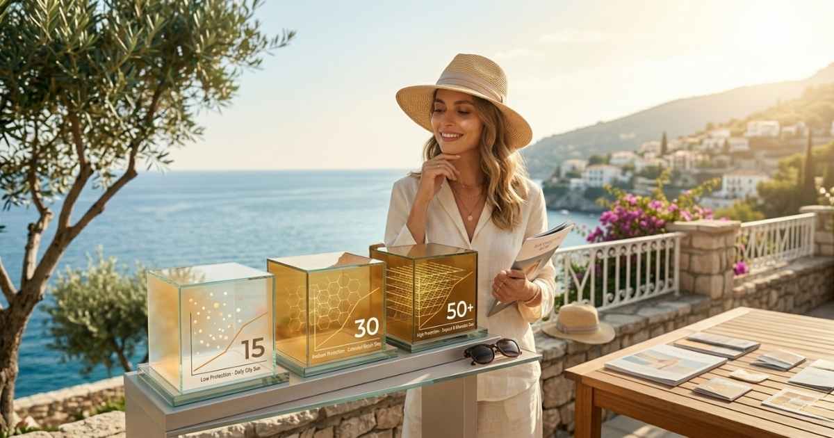Слънцезащита за лице: Всичко, което трябва да знаете преди първите слънчеви лъчи Жена анализира различни нива на слънцезащита за лице представени в стъклени кубове.