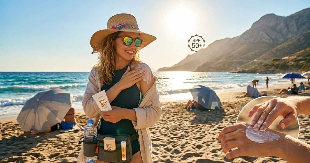 Слънцезащита за лице: Всичко, което трябва да знаете преди първите слънчеви лъчи Жена със сламена шапка нанася обилно слънцезащита за лице по време на плаж.