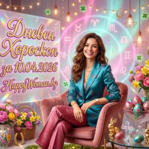 щастлива жена пред светеща зодиакална карта с великденска украса - дневен хороскоп за 10 април 2026 от HappyWoman.bg