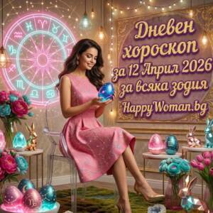 усмихната жена в празнична обстановка за Великден представя дневен хороскоп за неделя, 12 април 2026, от HappyWoman.bg