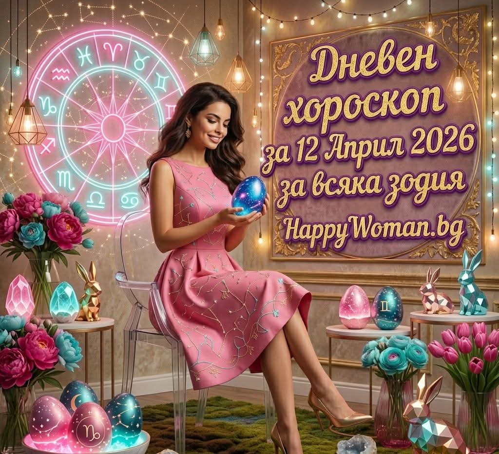 Дневен хороскоп за 12 Април 2026 - неделя усмихната жена в празнична обстановка за Великден представя дневен хороскоп за неделя, 12 април 2026, от HappyWoman.bg