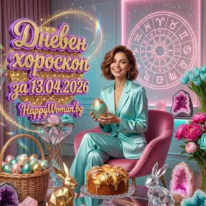 Усмихната жена в студио с празнична атмосфера представя дневен хороскоп за 13 април 2026, от HappyWoman.bg