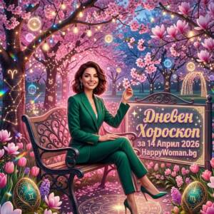 Усмихната жена в зелен костюм на пейка в пролетна градина представя дневен хороскоп за 14 април 2026 от HappyWoman.bg