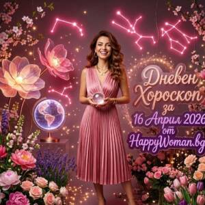 Дневен хороскоп за 16 Април 2026 - четвъртък Усмихната жена в розова рокля държи в ръцете си кристално кълбо представя дневен хороскоп за 16 април 2026 от HappyWoman.bg