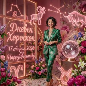 Жена в зелен костюм сред неонови зодиакални знаци в студио представя дневен хороскоп за 17 април 2026 от HappyWoman.bg