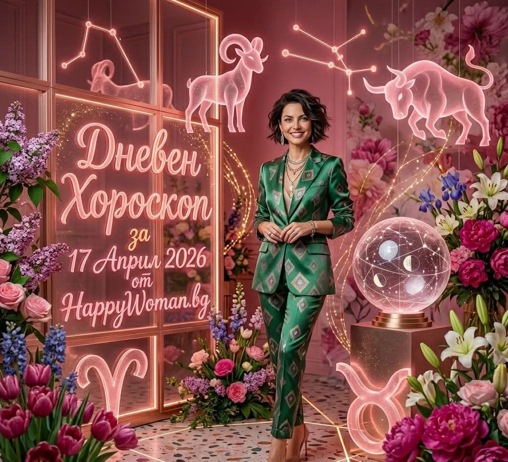Жена в зелен костюм сред неонови зодиакални знаци в студио представя дневен хороскоп за 17 април 2026 от HappyWoman.bg