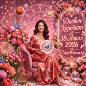 жена в рокля на цветя с магическо кълбо представя дневен хороскоп за 18 април 2026 от HappyWoman.bg