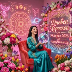 жена в тюркоазена рокля която държи светеща кристална топка представя дневен хороскоп за 19 април 2026 неделя от HappyWoman.bg