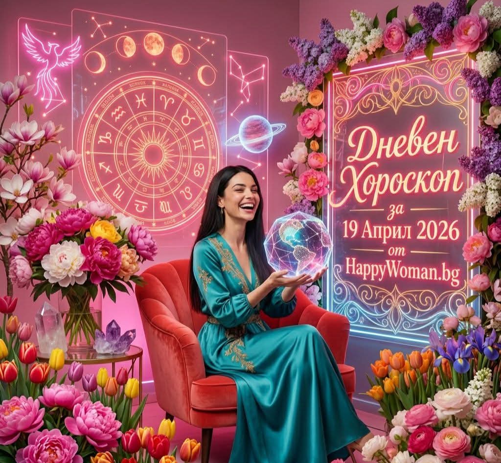жена в тюркоазена рокля която държи светеща кристална топка представя дневен хороскоп за 19 април 2026 неделя от HappyWoman.bg