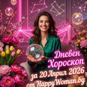 жена в зелена копринена риза представя дневен хороскоп за 20 април 2026 от HappyWoman.bg