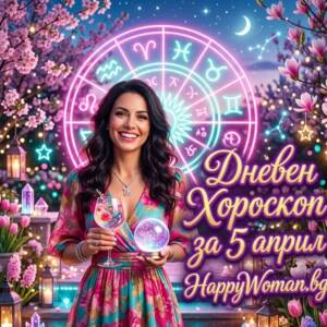 Дневен хороскоп за 5 Април 2026 - неделя Усмихната жена с кристална топка на фона на неонов зодиак и пролетни цветя - дневен хороскоп за 5 април от HappyWoman.bg