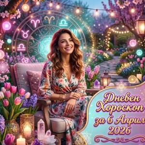 Дневен хороскоп за 6 Април 2026 - понеделник усмихната жена, която седи пред светеща зодиакална карта в пролетна градина и представя Дневен хороскоп за 6 април 2026