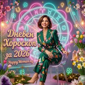 Дневен хороскоп за 7 Април 2026 - вторник усмихната жена седи пред светеща зодиакална карта и около нея има пролетни цветя - дневен хороскоп за 7 Април 2026 година от HappyWoman.bg
