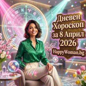 Дневен хороскоп за 8 Април 2026 - сряда усмихната жена в зелена копринена риза стои пред светеща зодиакална карта на дневен хороскоп за 8 април 2026 от HappyWoman.bg