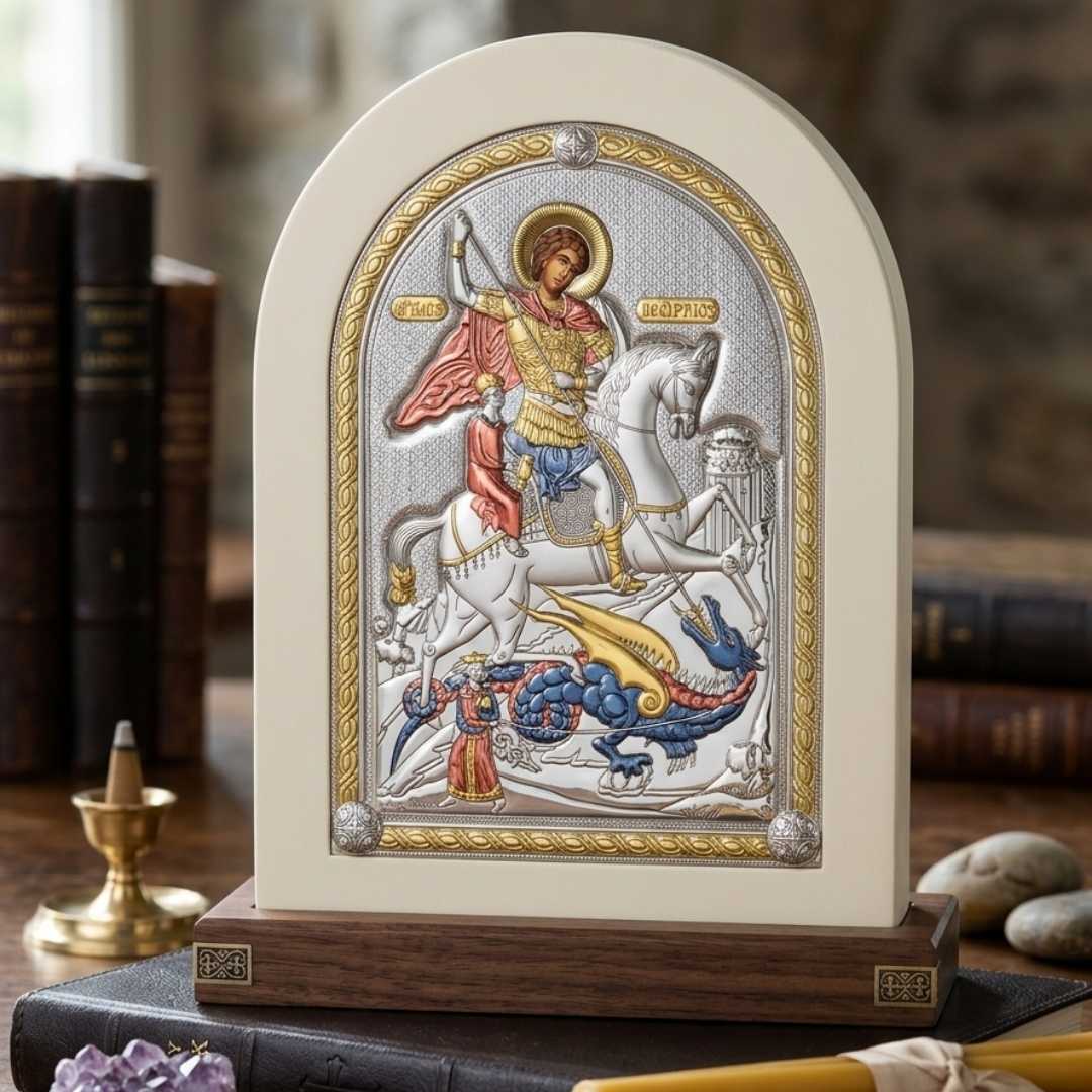 Елегантна икона на Свети Георги Победоносец в масивна бяла рамка, поставена на светъл фон