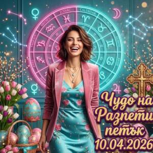 усмихната жена пред зодиакална карта с всички зодии, а около нея великденски яйца и кръст. Прави прогноза за огромен късмет на 10 април 2026 Разпети петък