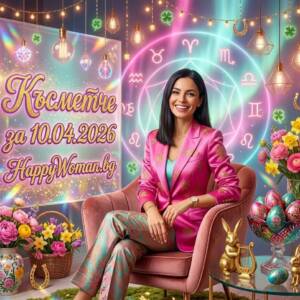 щастлива жена, която представя късметче за 10.04.2026 за всички зодии, около нея е празнична обстановка с цветя и яйца
