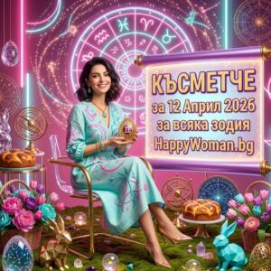 щастлива жена в астрологична стая с великденска украса представя късметче за 12 Април 2026 за всички зодии от списание HappyWoman.bg