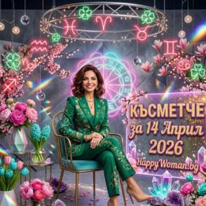 Усмихната жена в зелен костюм сред пролетни цветя и детелини представя дневно късметче за 14 април 2026 за всяка зодия от HappyWoman.bg