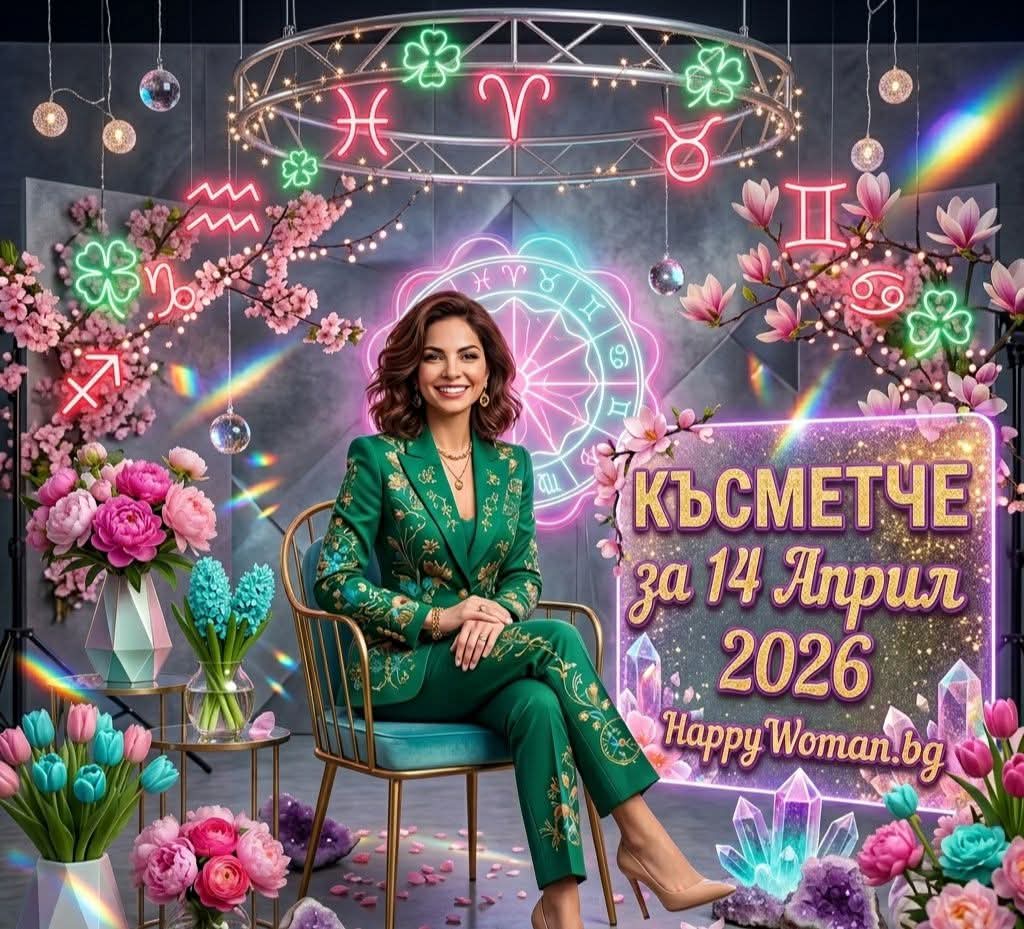 Усмихната жена в зелен костюм сред пролетни цветя и детелини представя дневно късметче за 14 април 2026 за всяка зодия от HappyWoman.bg