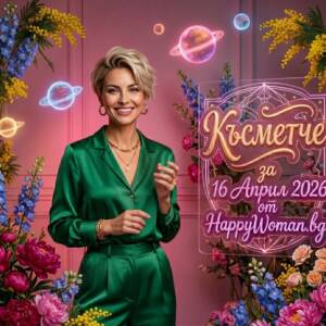 Усмихната жена в зелен сатенен костюм сред цветя представя дневно късметче за 16 април 2026 за всяка зодия от HappyWoman.bg