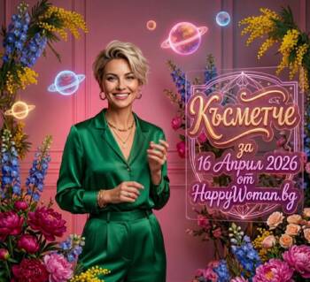 Усмихната жена в зелен сатенен костюм сред цветя представя дневно късметче за 16 април 2026 за всяка зодия от HappyWoman.bg
