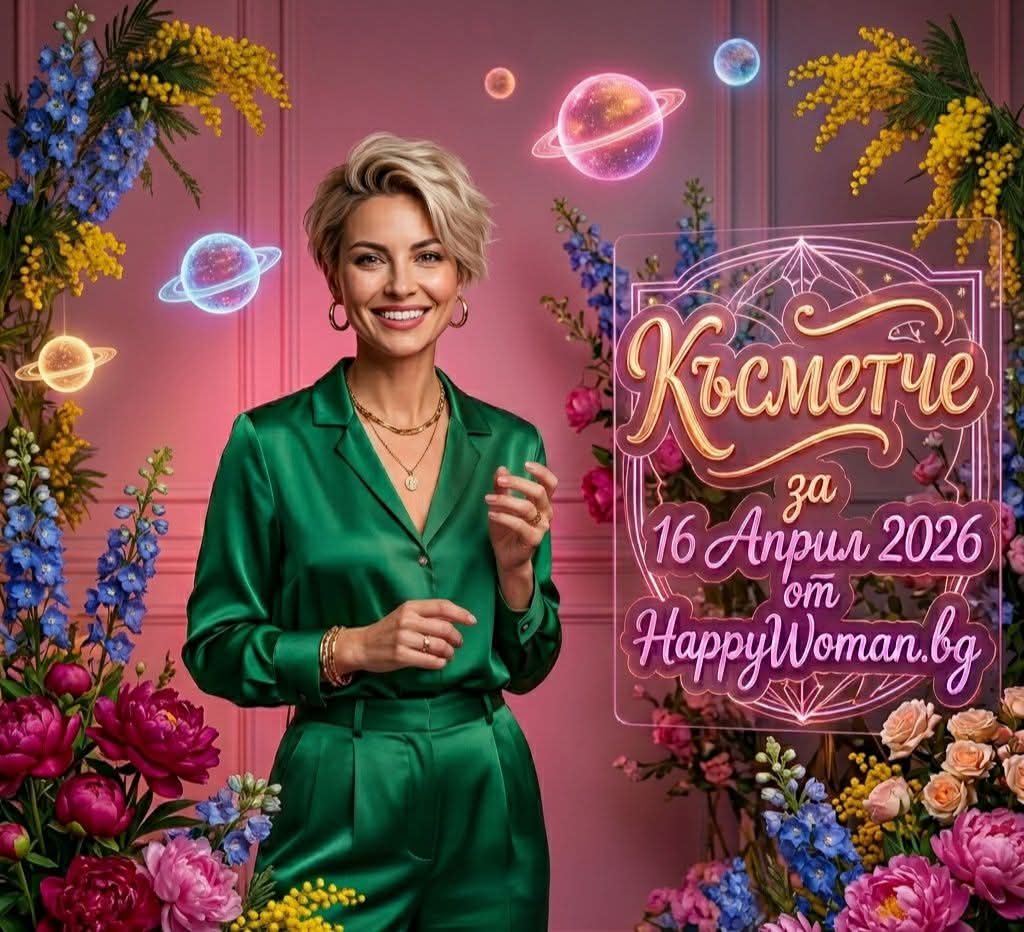 Усмихната жена в зелен сатенен костюм сред цветя представя дневно късметче за 16 април 2026 за всяка зодия от HappyWoman.bg