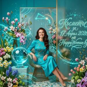 жена в тюркоазена рокля в тюркоазено студио с цветя представя дневно късметче за 17 април 2026 за всяка зодия от HappyWoman.bg