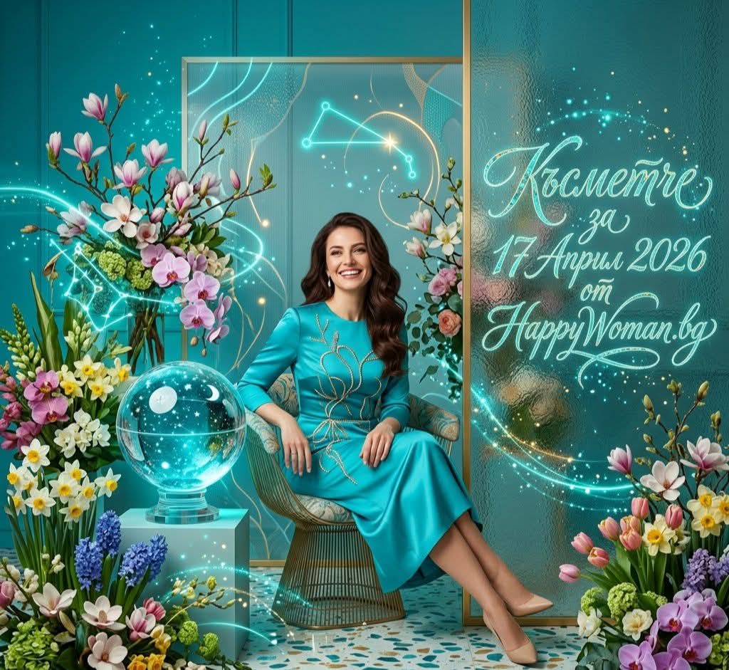 жена в тюркоазена рокля в тюркоазено студио с цветя представя дневно късметче за 17 април 2026 за всяка зодия от HappyWoman.bg