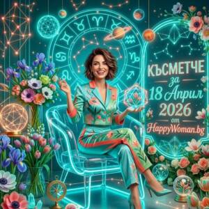 жена в тюркоазен костюм предсравя дневно късметче за 18 април 2026 за всяка зодия от HappyWoman.bg
