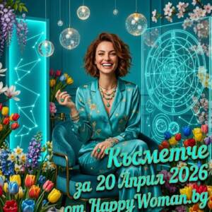 жена в тюркоазен сатенен костюм представя дневно късметче за 20 април 2026 за всяка зодия от HappyWoman.bg
