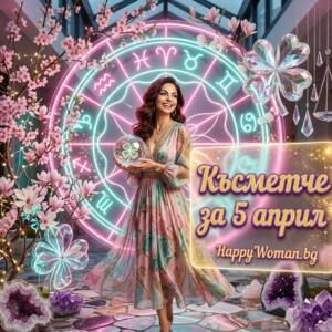 Късметче за 5.04.2026 за всяка зодия Усмихната жена държи кристална топка с четирилистна детелина пред светещ зодиакален календар - дневно късметче за 5 април от HappyWoman.bg