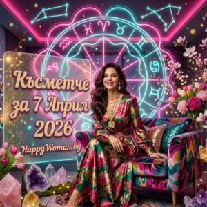 Късметче за 7.04.2026 за всяка зодия Усмихната жена пред неонова зодиакална карта предсказва дневно късметче за 7 април 2026 от HappyWoman.bg