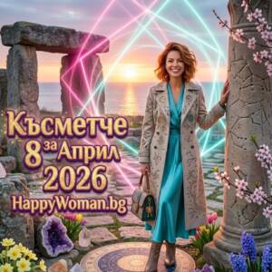 Късметче за 8 Април 2026 за всяка зодия Усмихната жена сред древни руини на фона на морски изгрев – дневно късметче за 8 април 2026 от HappyWoman.bg