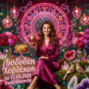 Усмихната жена държи великденско яйце със сърце представя любовен хороскоп за 13 април 2026 за всяка зодия от HappyWoman.bg